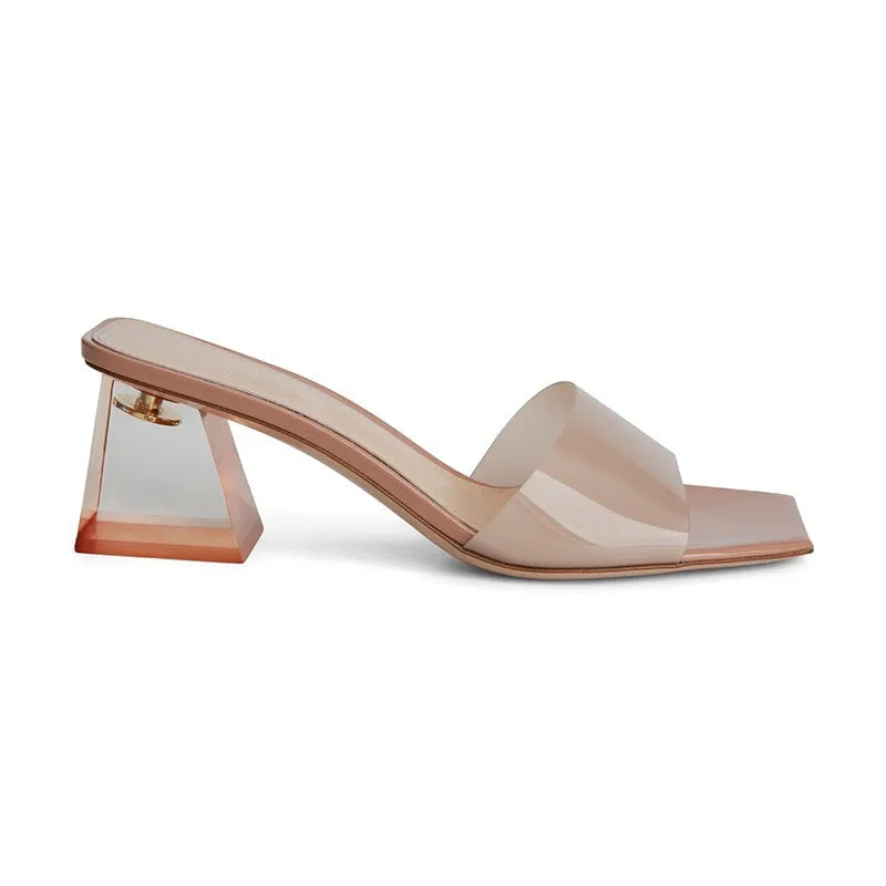 2024 Summer New Fashion Outwear Sandals Transparent Crystal High Heels Thick Heels Square Head Slips for Women