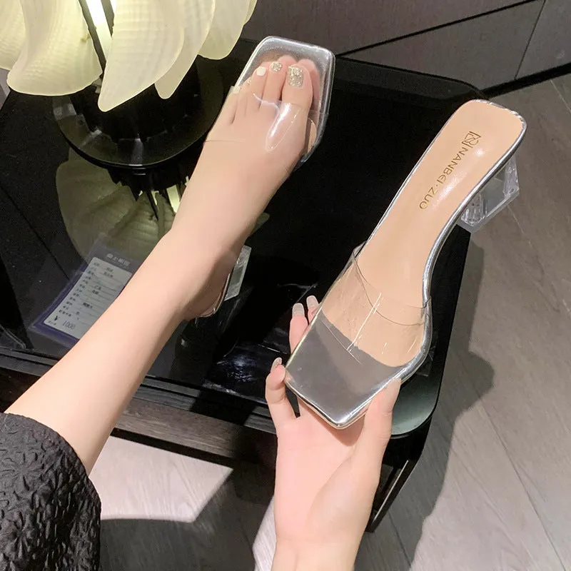 2024 Summer New Fashion Outwear Sandals Transparent Crystal High Heels Thick Heels Square Head Slips for Women