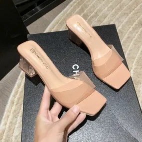2024 Summer New Fashion Outwear Sandals Transparent Crystal High Heels Thick Heels Square Head Slips for Women