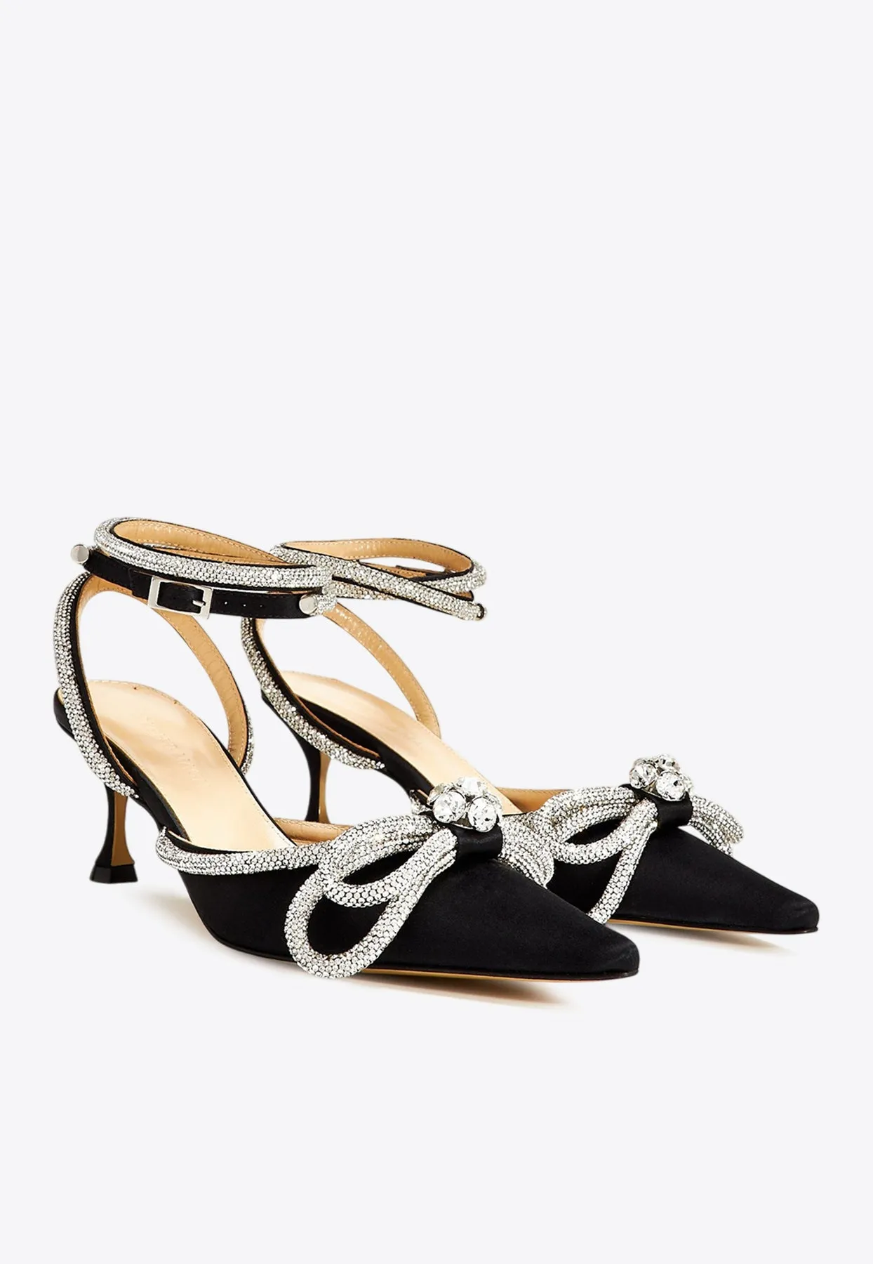 65 Crystal-Embellished Double Bow Satin Pumps
