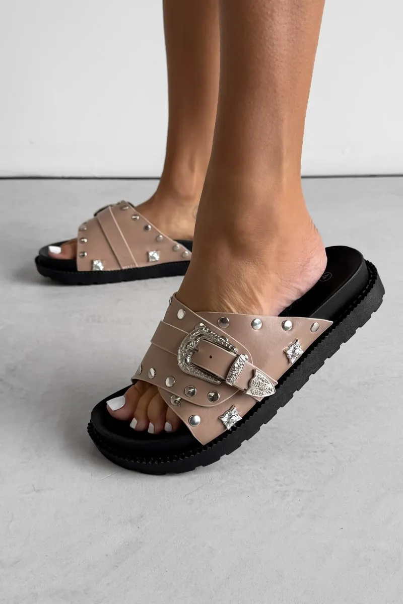 ADDISON Chunky Studded Western Buckle Sandals - Taupe