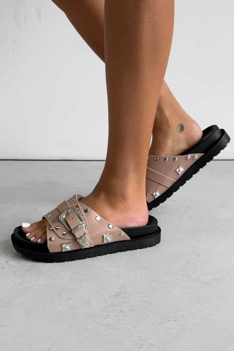 ADDISON Chunky Studded Western Buckle Sandals - Taupe