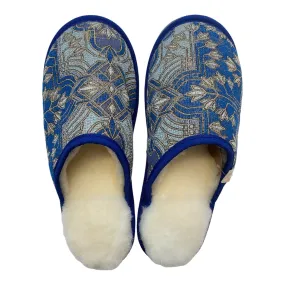 Blue & Silver Geo Large White Slippers