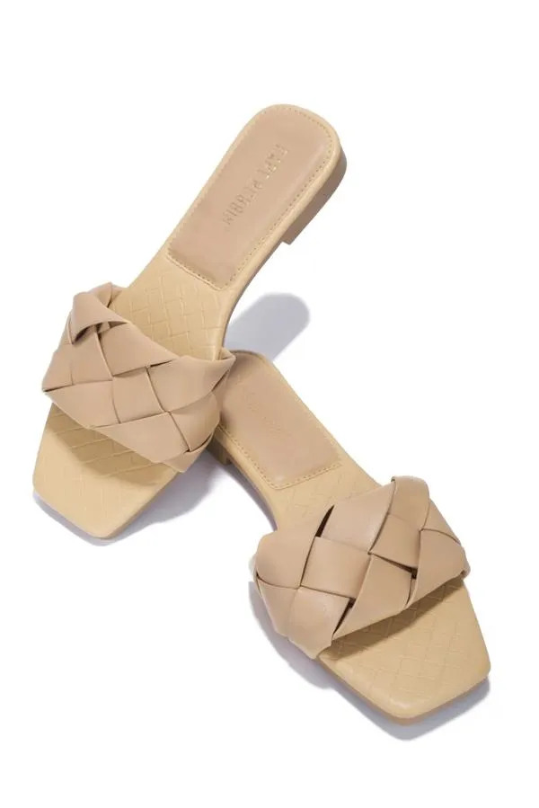 Cape Robbin Deja Woven Mules Slip On Flat Squared Open Toe Slides Sandals Nude