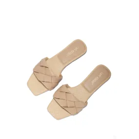 Cape Robbin Deja Woven Mules Slip On Flat Squared Open Toe Slides Sandals Nude