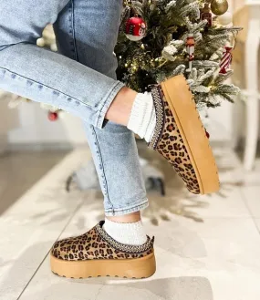 House Of Sehrish MX11H Leopard Fluffy Platform Slippers Faux Fur Lined Ankle Boots