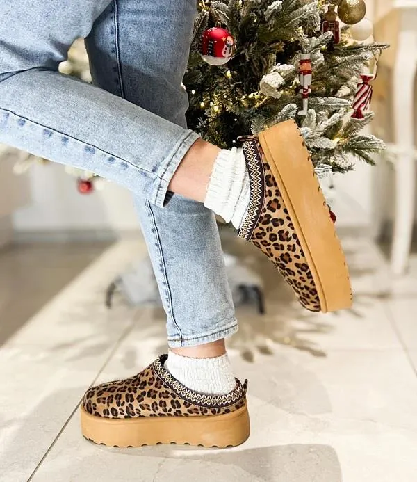 House Of Sehrish MX11H Leopard Fluffy Platform Slippers Faux Fur Lined Ankle Boots
