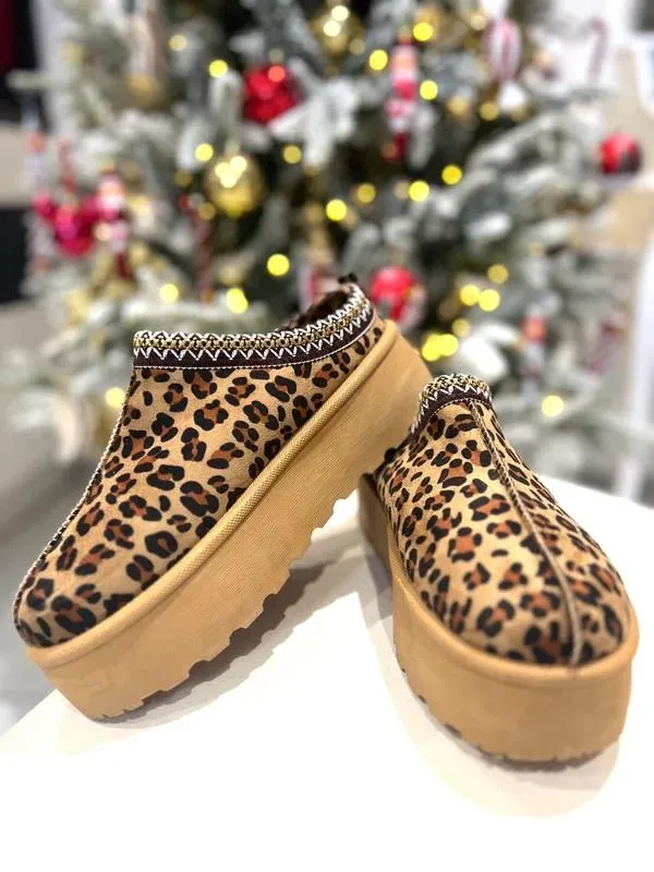House Of Sehrish MX11H Leopard Fluffy Platform Slippers Faux Fur Lined Ankle Boots