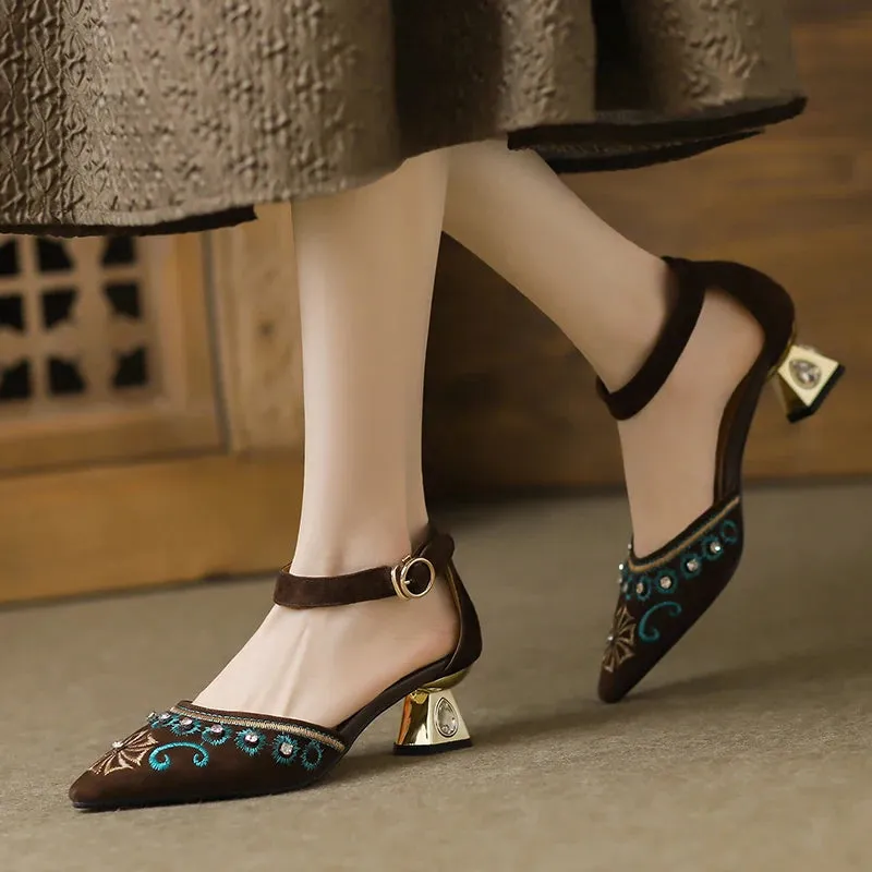 Inka Boho Embroidery Suede Ankle Strap Sandals