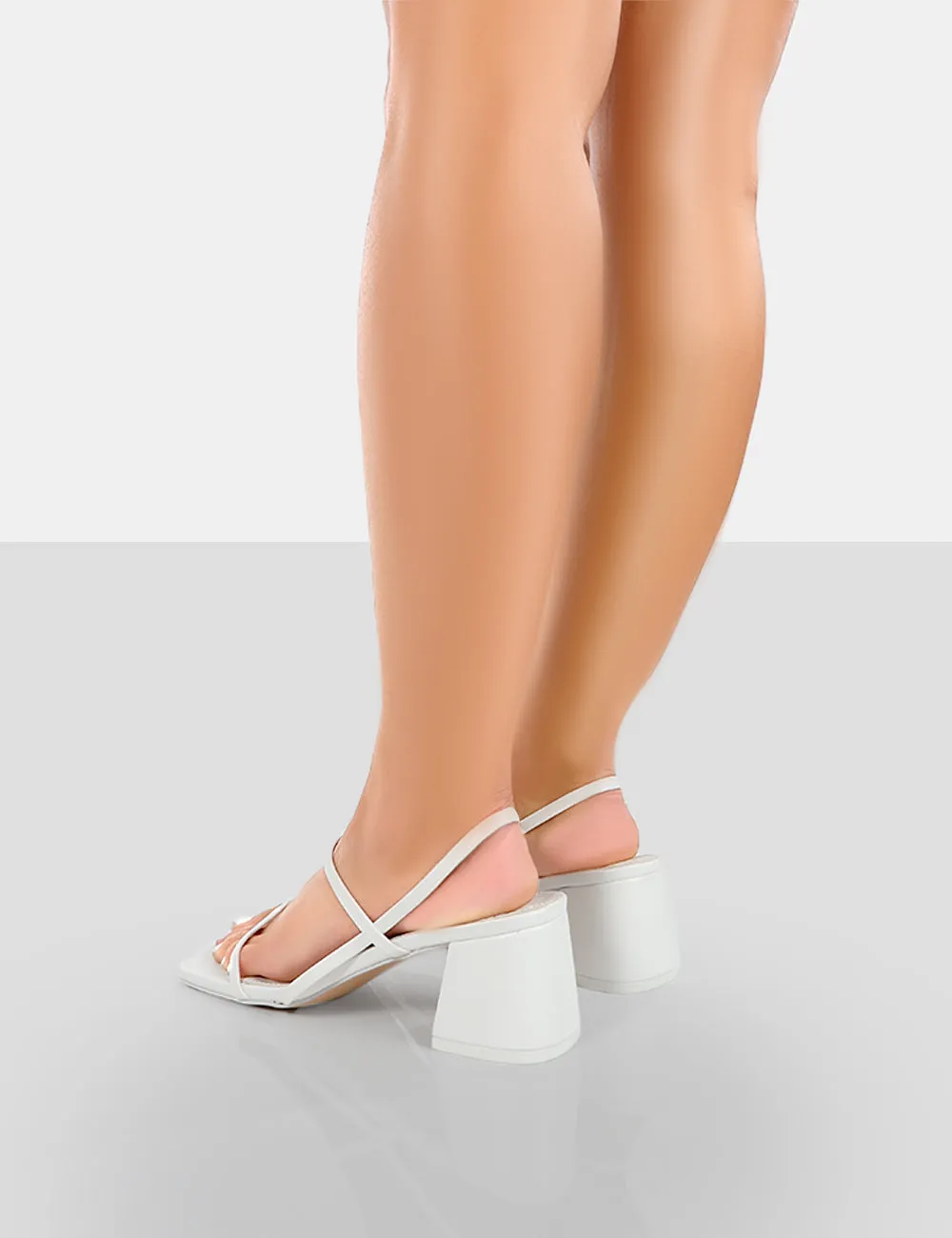 Just Realise White PU Strappy Square Toe Mid Block Heeled Sandals