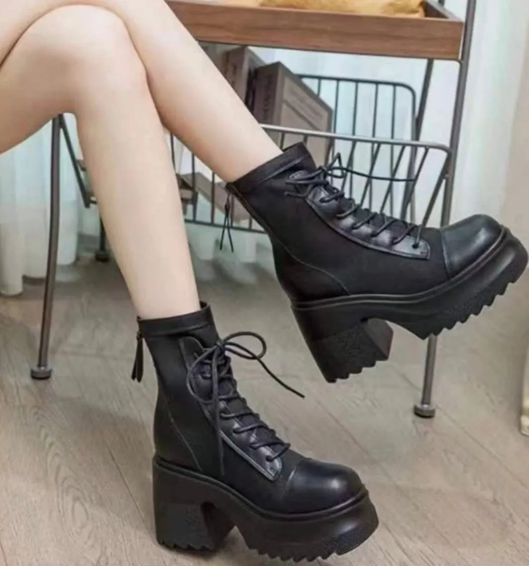 Lace-Up Mid Calf Leather Thicker Platform Boots