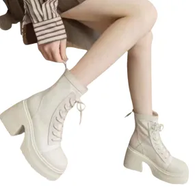 Lace-Up Mid Calf Leather Thicker Platform Boots