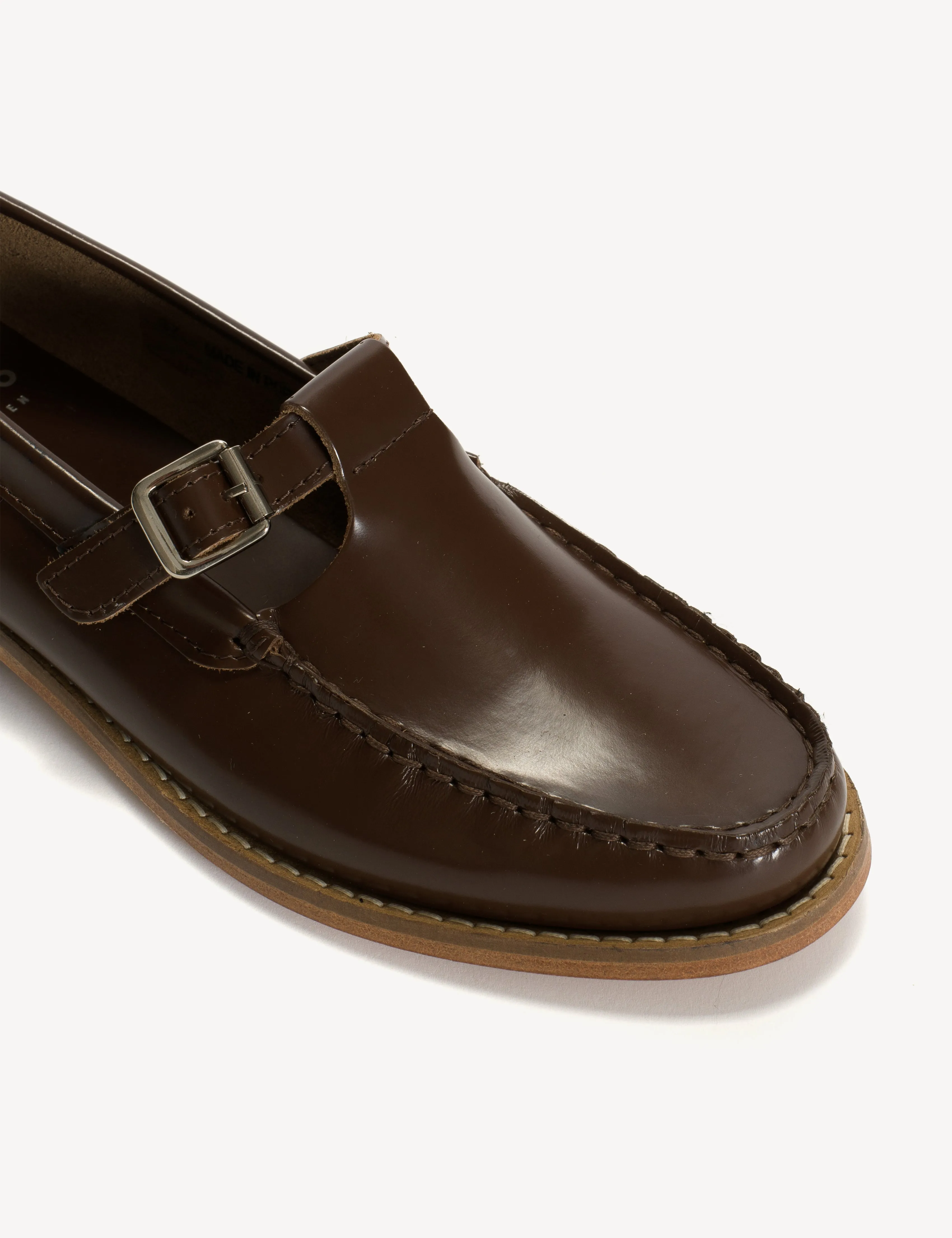 Moccasin T-Bar Loafer In Brown Polido Leather