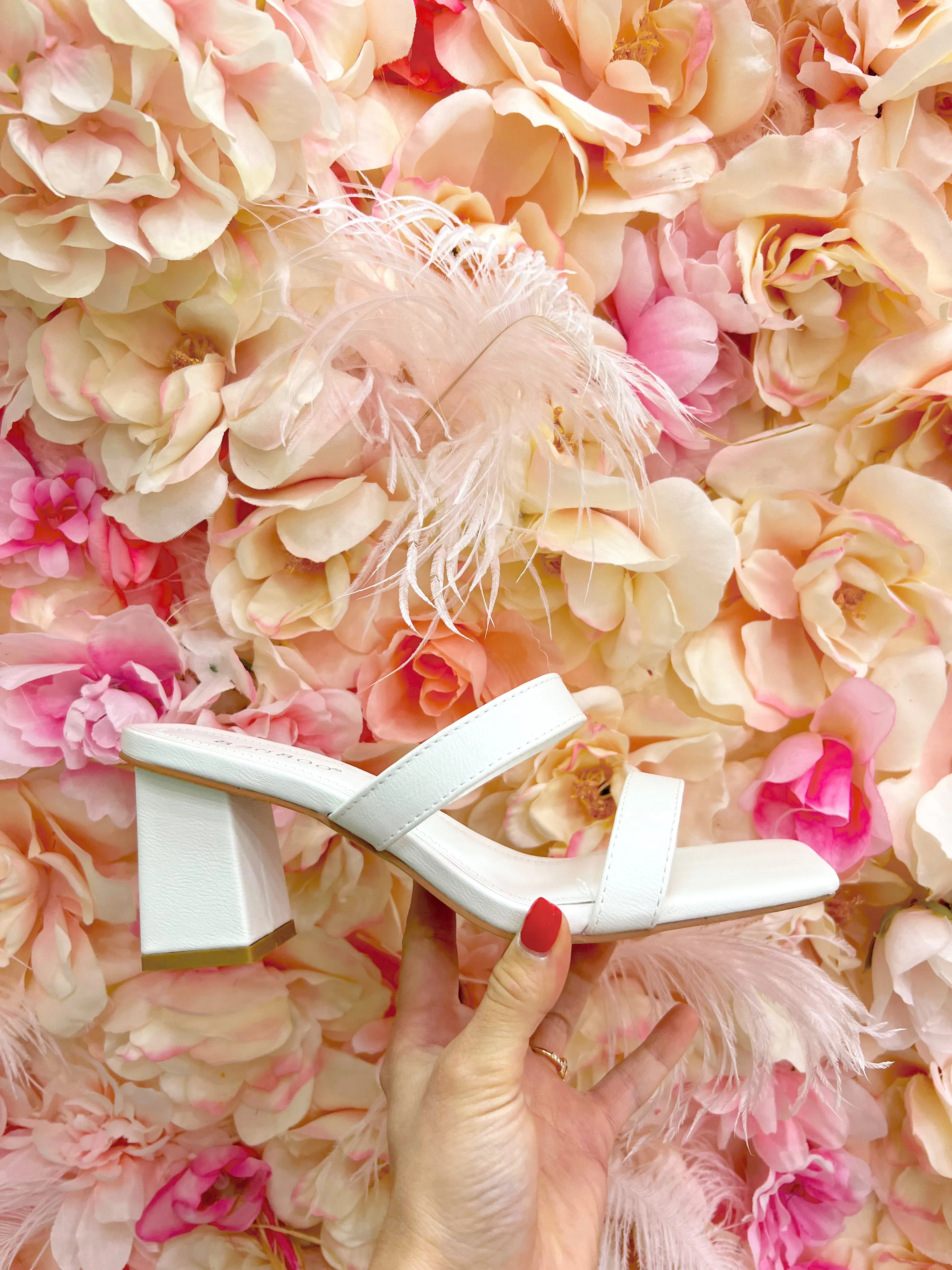 "Dancing Queen" White Double Strap Block Heels