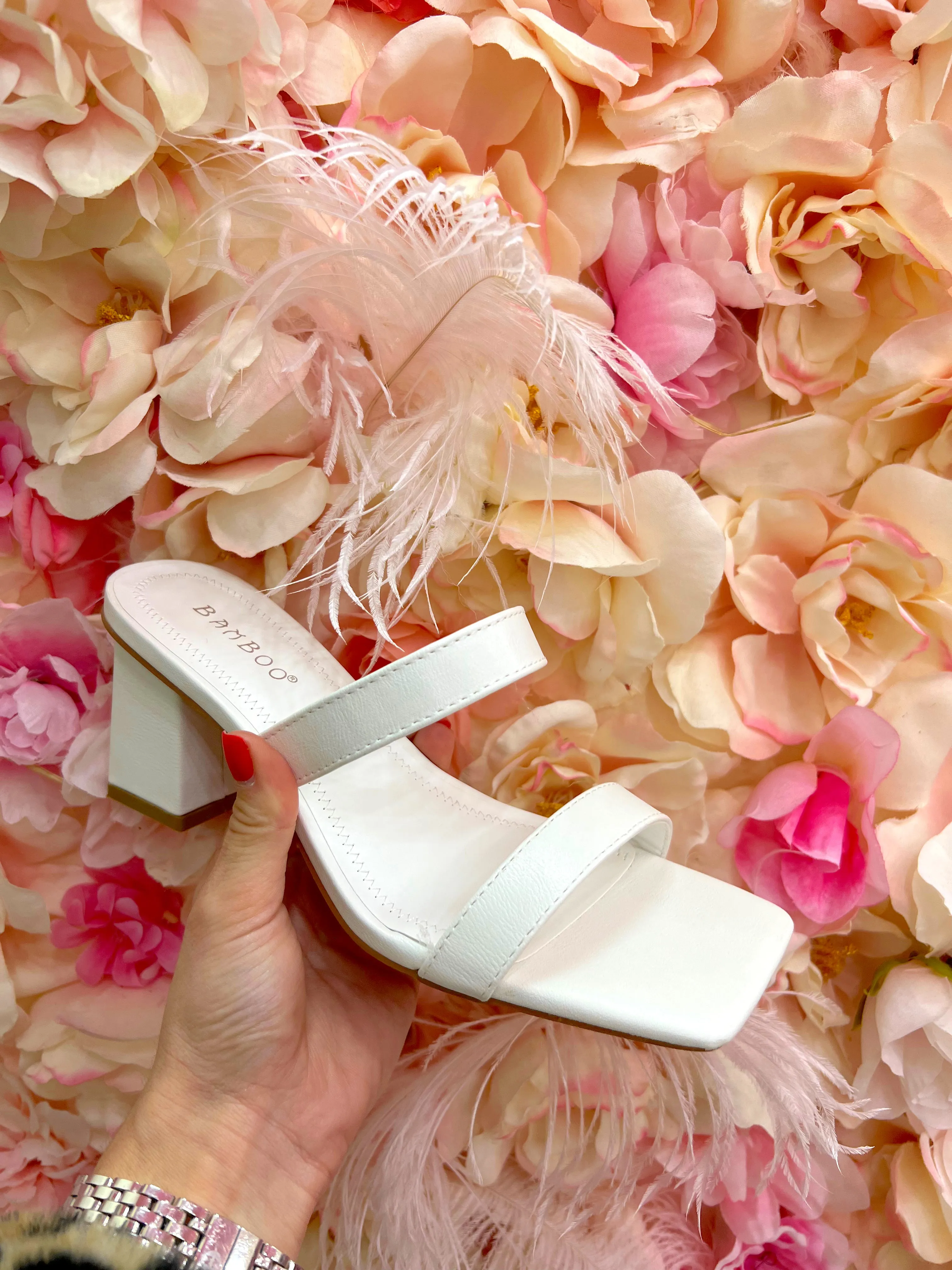 "Dancing Queen" White Double Strap Block Heels