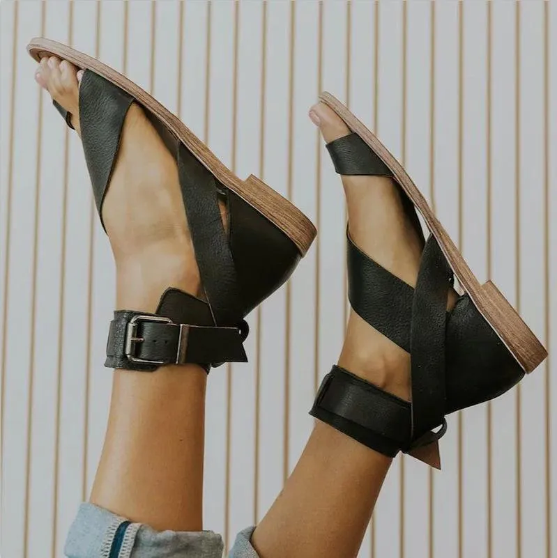 Women Fashion Flat Heel Ankle Buckle Strap Sandals
