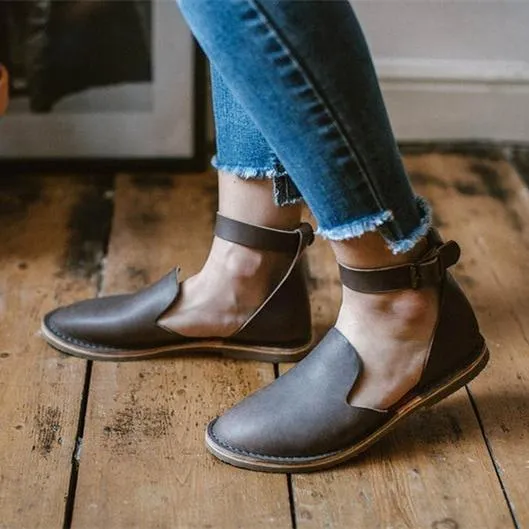 Women flat buckle ankle strap side cut closed toe sandals