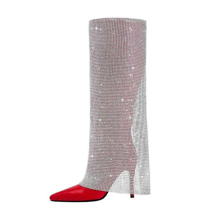 Women Shiny Rhinestone Side Zipper Pants Boots