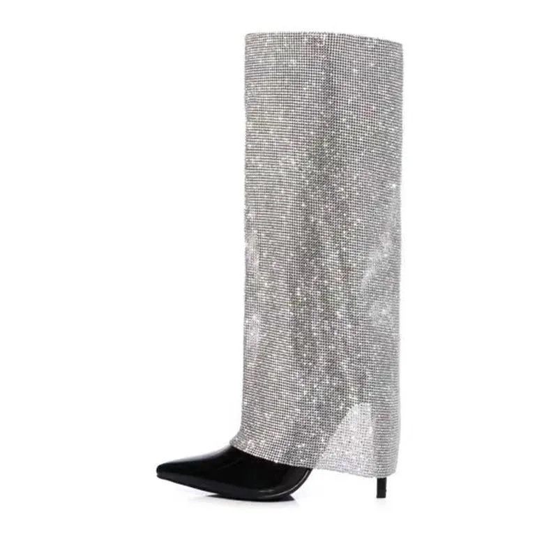 Women Shiny Rhinestone Side Zipper Pants Boots