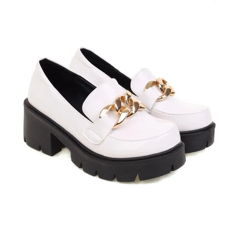 Women's Round Toe Metal Chains Shallow Block Chunky Heel Platform Loafers