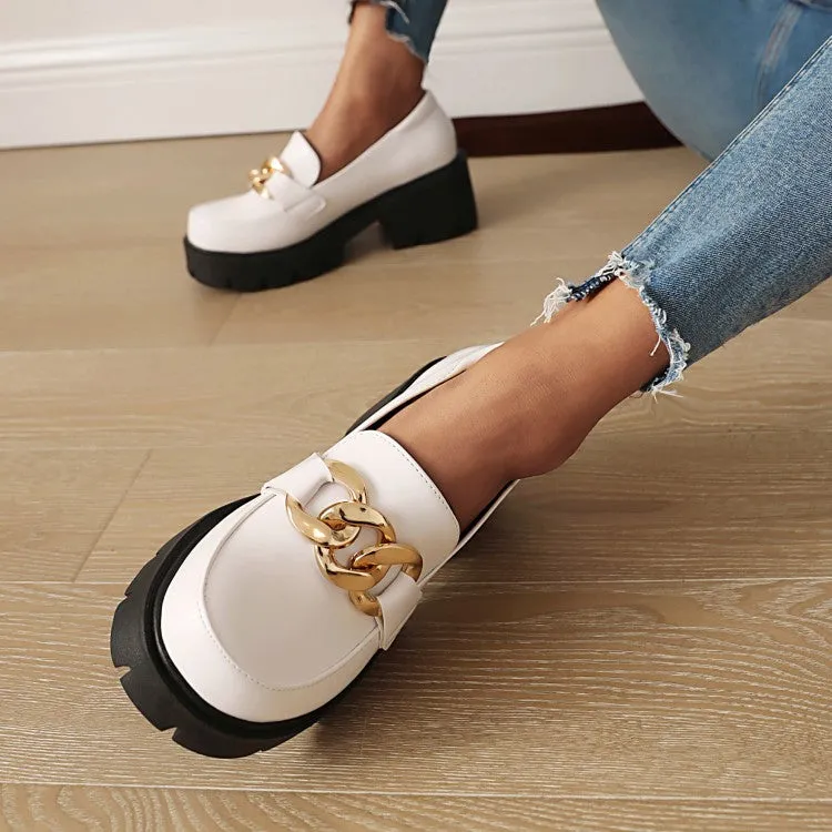 Women's Round Toe Metal Chains Shallow Block Chunky Heel Platform Loafers